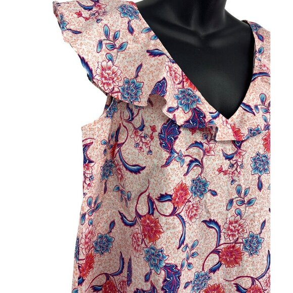 Halston Floral Ruffle V-Neck Sleeveless Top Batik Blossom Women Size Large L - Picture 4 of 10